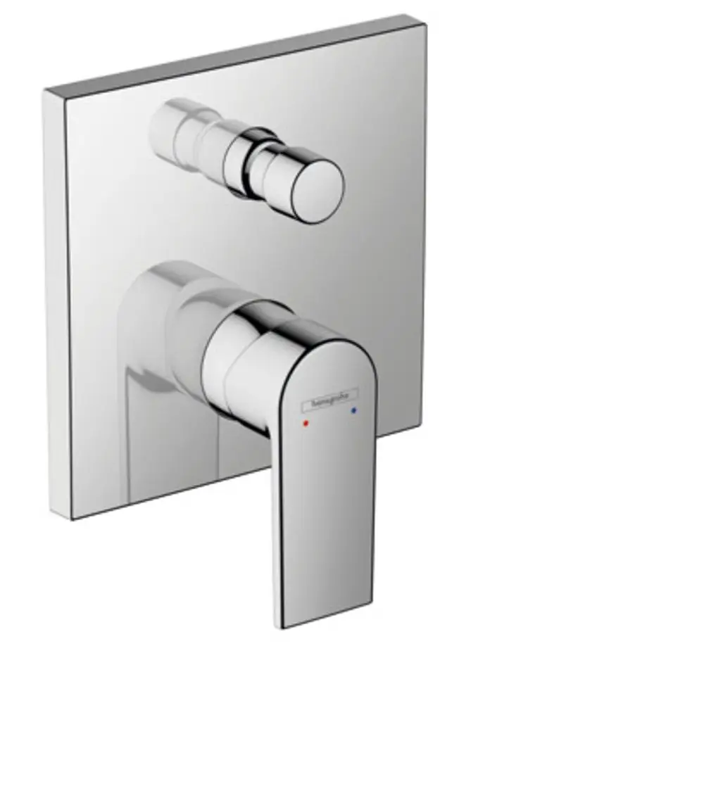 Wannenmischer von Hansgrohe mit Einhebelbedienung und Unterputzmontage. Insgesamt verchromte Oberfläche mit Temperaturanzeige in Rot und Blau.